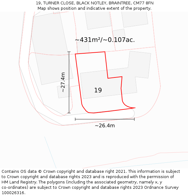 19, TURNER CLOSE, BLACK NOTLEY, BRAINTREE, CM77 8FN: Plot and title map