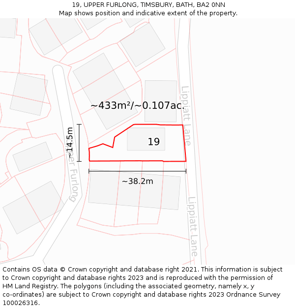 19, UPPER FURLONG, TIMSBURY, BATH, BA2 0NN: Plot and title map