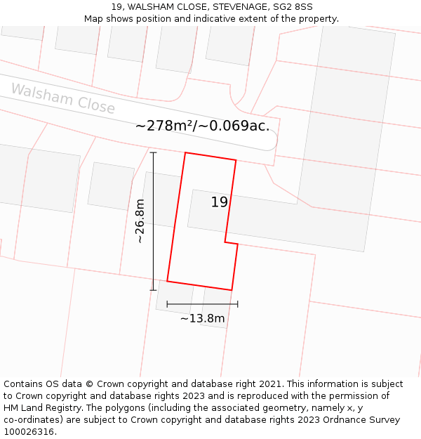 19, WALSHAM CLOSE, STEVENAGE, SG2 8SS: Plot and title map