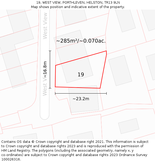 19, WEST VIEW, PORTHLEVEN, HELSTON, TR13 9LN: Plot and title map