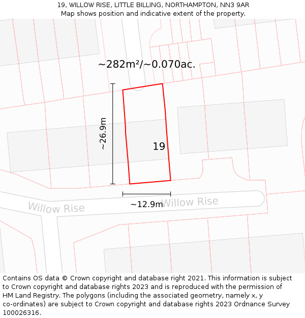 19, WILLOW RISE, LITTLE BILLING, NORTHAMPTON, NN3 9AR: Plot and title map