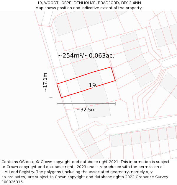 19, WOODTHORPE, DENHOLME, BRADFORD, BD13 4NN: Plot and title map