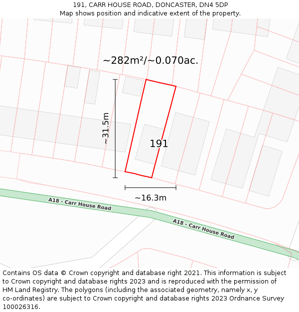 191, CARR HOUSE ROAD, DONCASTER, DN4 5DP: Plot and title map