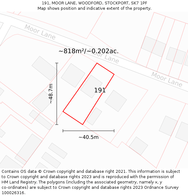 191, MOOR LANE, WOODFORD, STOCKPORT, SK7 1PF: Plot and title map