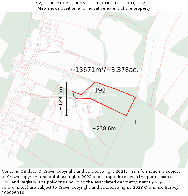 192, BURLEY ROAD, BRANSGORE, CHRISTCHURCH, BH23 8DJ: Plot and title map