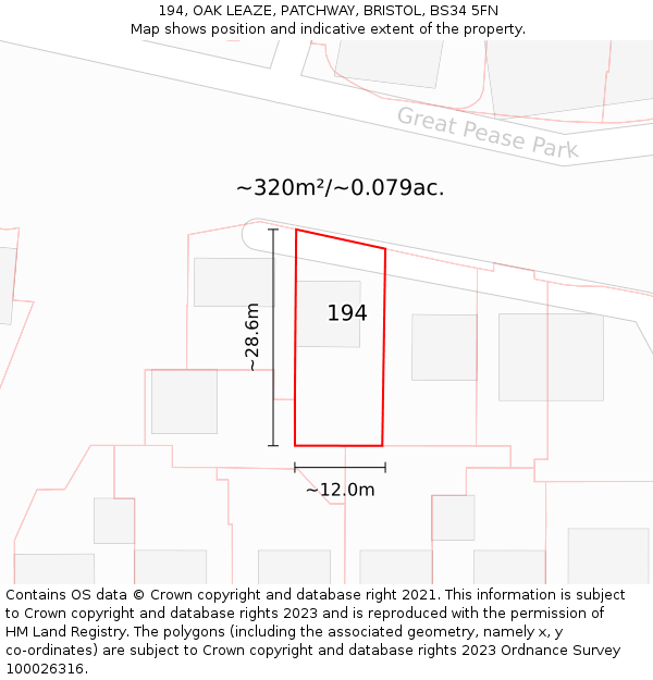 194, OAK LEAZE, PATCHWAY, BRISTOL, BS34 5FN: Plot and title map