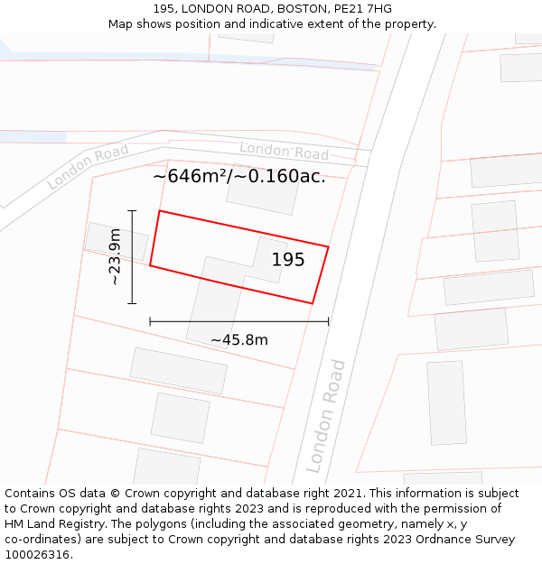 195, LONDON ROAD, BOSTON, PE21 7HG: Plot and title map