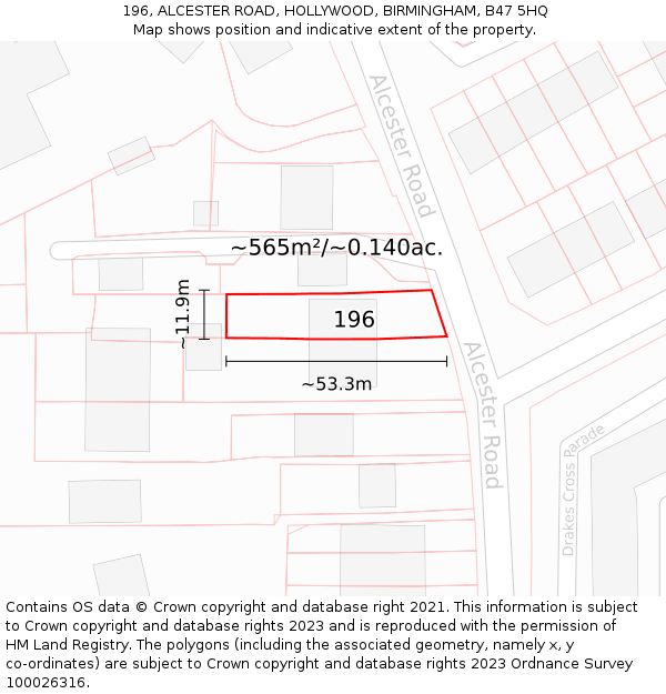 196, ALCESTER ROAD, HOLLYWOOD, BIRMINGHAM, B47 5HQ: Plot and title map