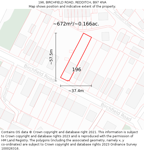 196, BIRCHFIELD ROAD, REDDITCH, B97 4NA: Plot and title map