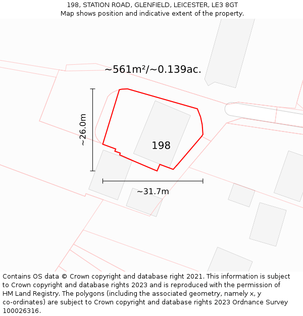 198, STATION ROAD, GLENFIELD, LEICESTER, LE3 8GT: Plot and title map