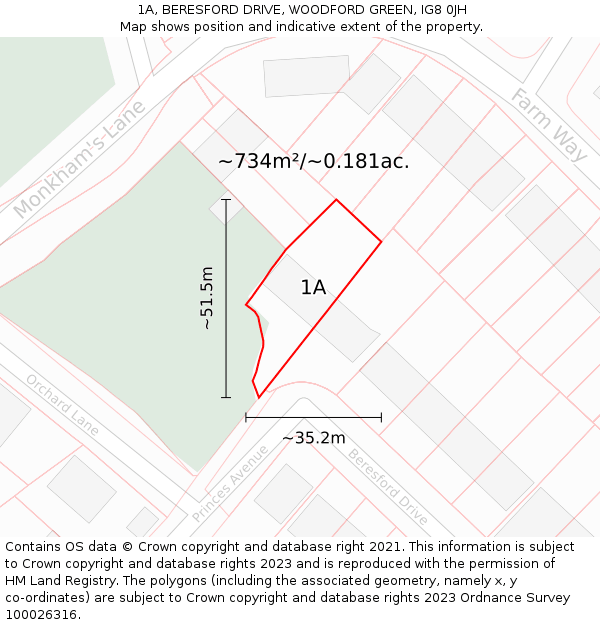 1A, BERESFORD DRIVE, WOODFORD GREEN, IG8 0JH: Plot and title map