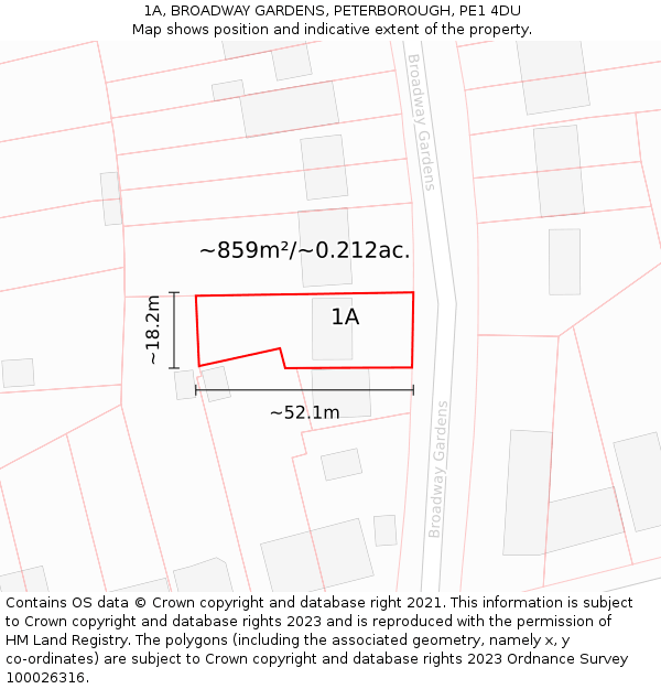 1A, BROADWAY GARDENS, PETERBOROUGH, PE1 4DU: Plot and title map