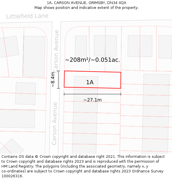 1A, CARSON AVENUE, GRIMSBY, DN34 4QX: Plot and title map