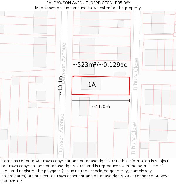 1A, DAWSON AVENUE, ORPINGTON, BR5 3AY: Plot and title map