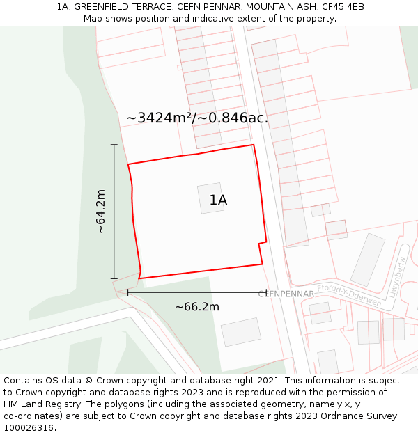 1A, GREENFIELD TERRACE, CEFN PENNAR, MOUNTAIN ASH, CF45 4EB: Plot and title map