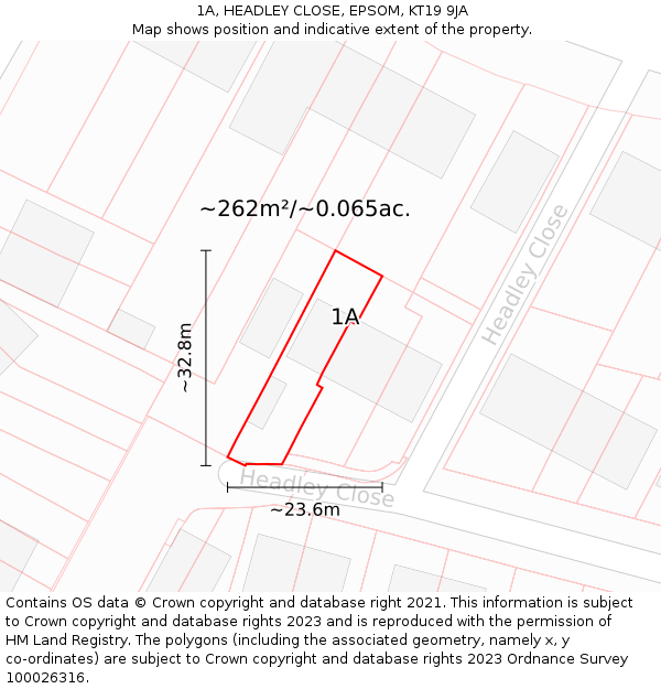 1A, HEADLEY CLOSE, EPSOM, KT19 9JA: Plot and title map