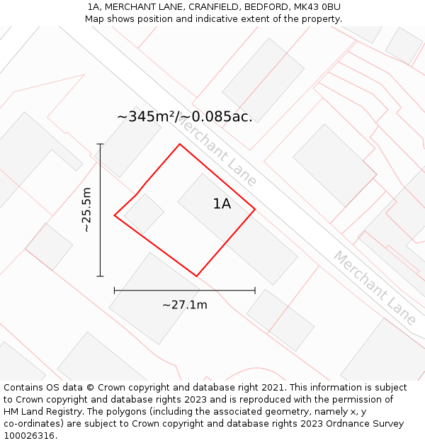 1A, MERCHANT LANE, CRANFIELD, BEDFORD, MK43 0BU: Plot and title map