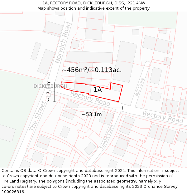 1A, RECTORY ROAD, DICKLEBURGH, DISS, IP21 4NW: Plot and title map