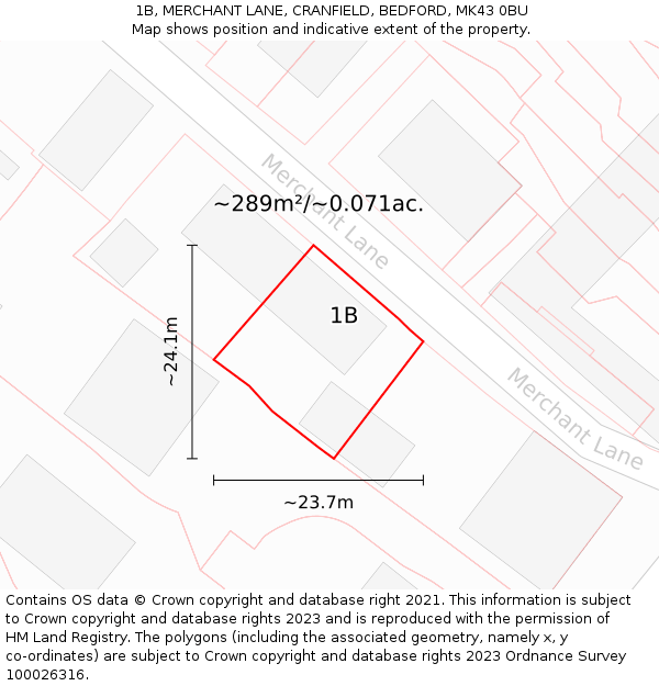 1B, MERCHANT LANE, CRANFIELD, BEDFORD, MK43 0BU: Plot and title map