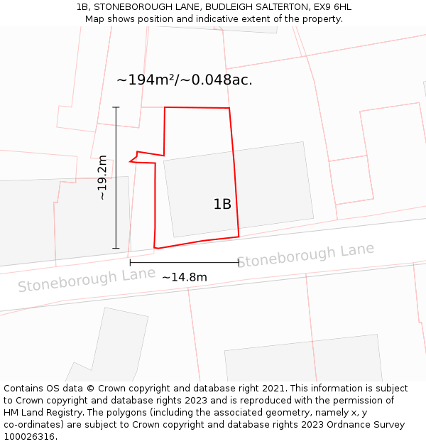 1B, STONEBOROUGH LANE, BUDLEIGH SALTERTON, EX9 6HL: Plot and title map