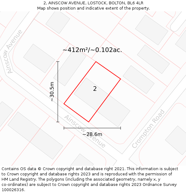 2, AINSCOW AVENUE, LOSTOCK, BOLTON, BL6 4LR: Plot and title map