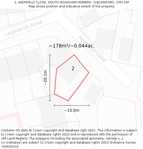 2, AKENFIELD CLOSE, SOUTH WOODHAM FERRERS, CHELMSFORD, CM3 5XP: Plot and title map