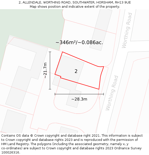 2, ALLENDALE, WORTHING ROAD, SOUTHWATER, HORSHAM, RH13 9UE: Plot and title map