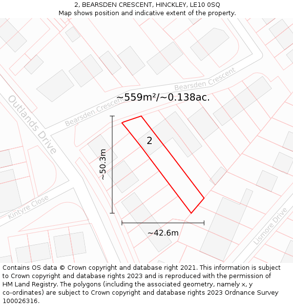 2, BEARSDEN CRESCENT, HINCKLEY, LE10 0SQ: Plot and title map