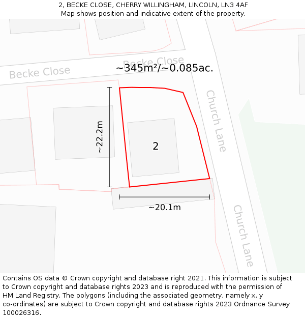 2, BECKE CLOSE, CHERRY WILLINGHAM, LINCOLN, LN3 4AF: Plot and title map