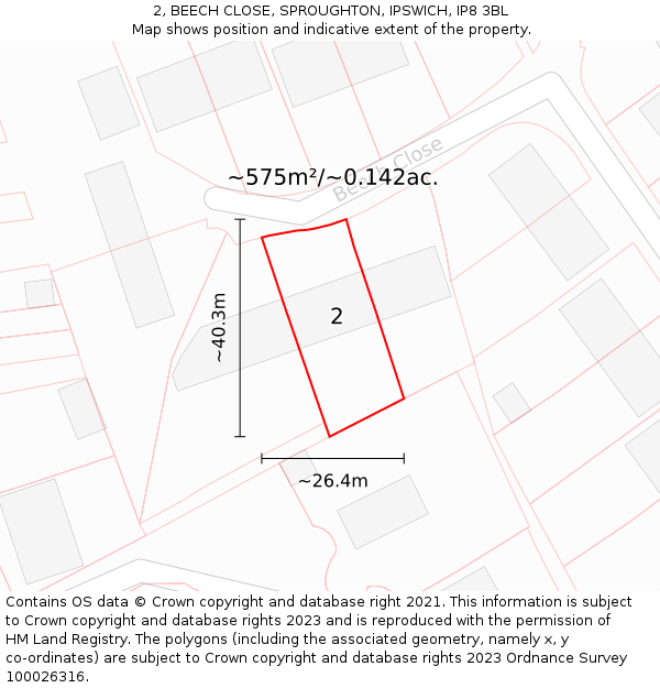 2, BEECH CLOSE, SPROUGHTON, IPSWICH, IP8 3BL: Plot and title map