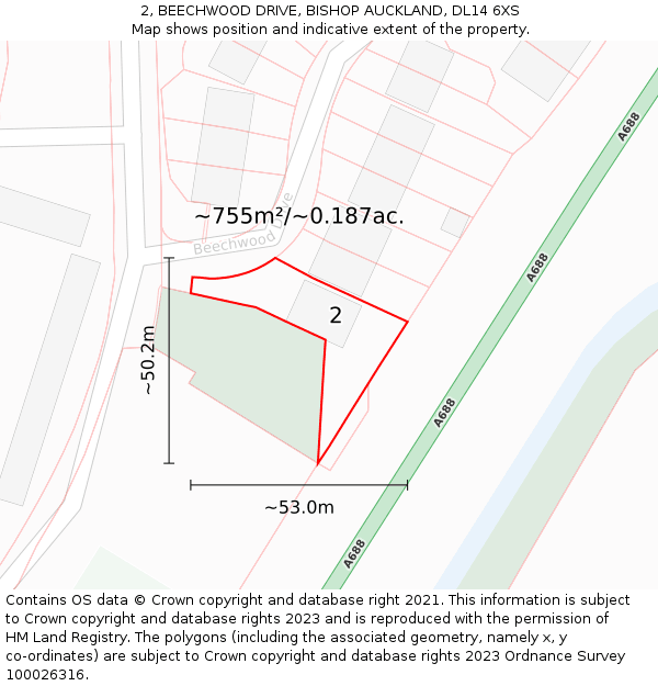 2, BEECHWOOD DRIVE, BISHOP AUCKLAND, DL14 6XS: Plot and title map