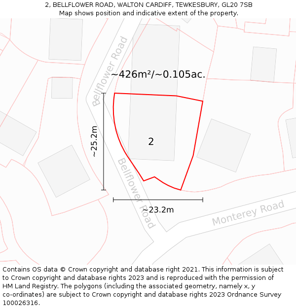 2, BELLFLOWER ROAD, WALTON CARDIFF, TEWKESBURY, GL20 7SB: Plot and title map