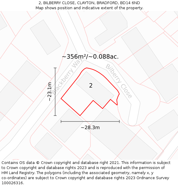 2, BILBERRY CLOSE, CLAYTON, BRADFORD, BD14 6ND: Plot and title map