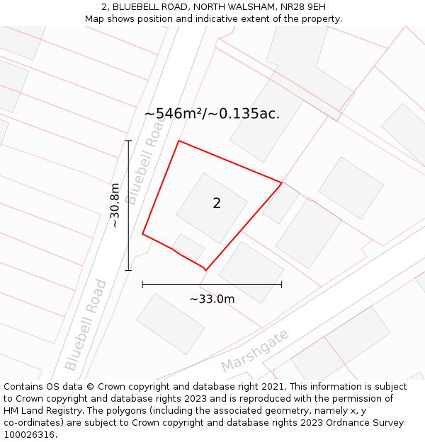 2, BLUEBELL ROAD, NORTH WALSHAM, NR28 9EH: Plot and title map