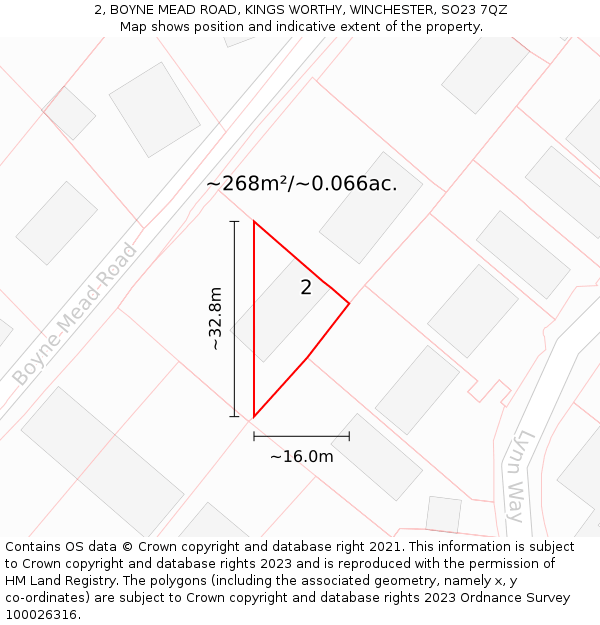 2, BOYNE MEAD ROAD, KINGS WORTHY, WINCHESTER, SO23 7QZ: Plot and title map