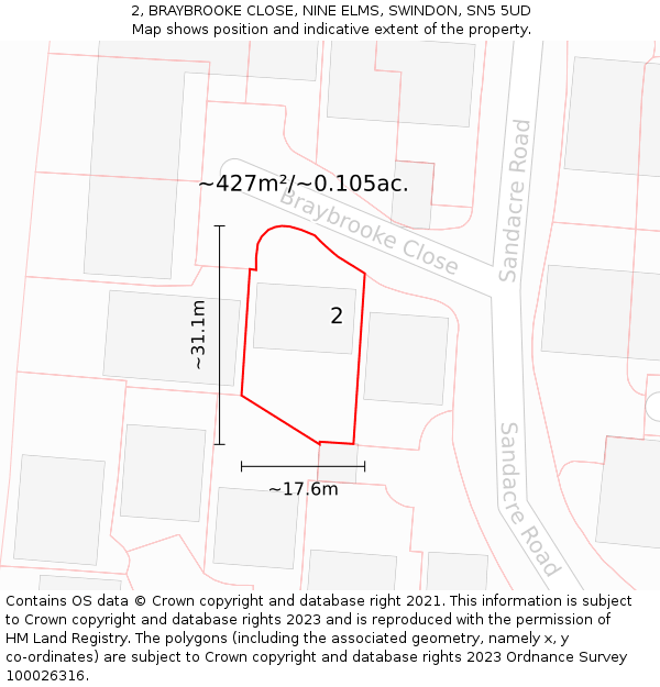 2, BRAYBROOKE CLOSE, NINE ELMS, SWINDON, SN5 5UD: Plot and title map