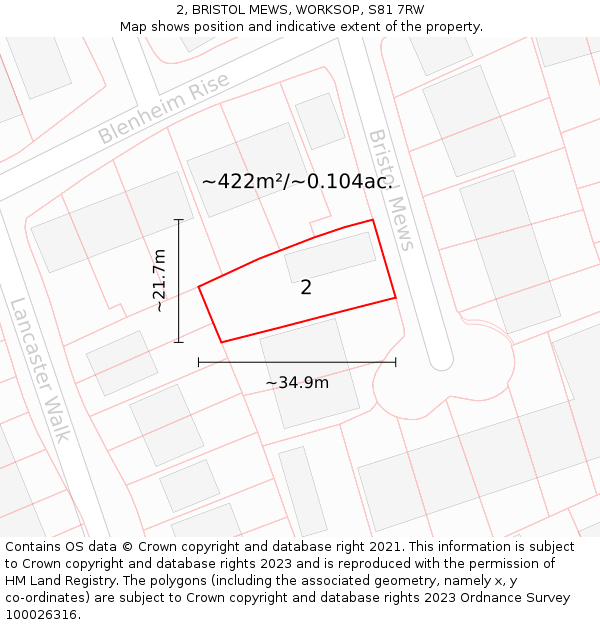 2, BRISTOL MEWS, WORKSOP, S81 7RW: Plot and title map