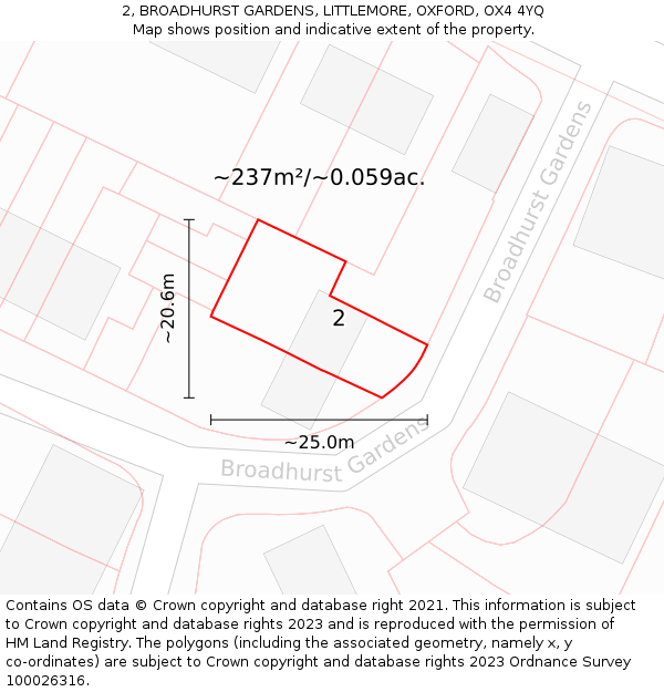 2, BROADHURST GARDENS, LITTLEMORE, OXFORD, OX4 4YQ: Plot and title map