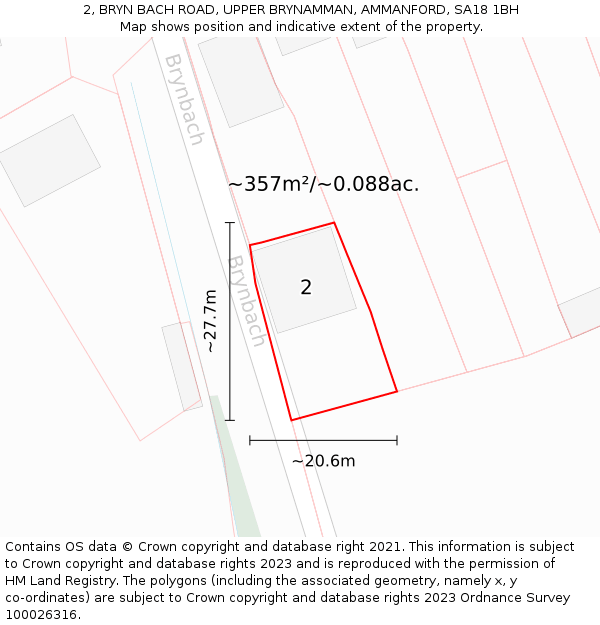 2, BRYN BACH ROAD, UPPER BRYNAMMAN, AMMANFORD, SA18 1BH: Plot and title map