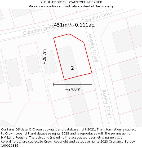 2, BUTLEY DRIVE, LOWESTOFT, NR32 3EB: Plot and title map