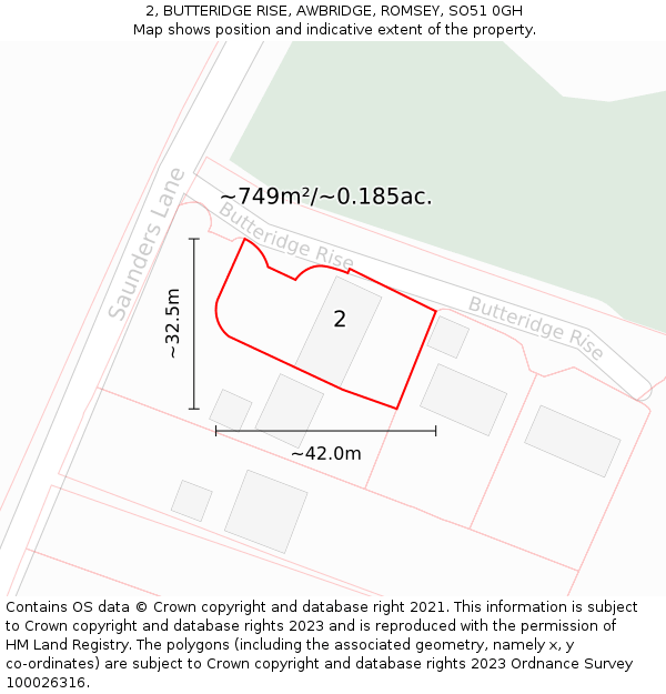 2, BUTTERIDGE RISE, AWBRIDGE, ROMSEY, SO51 0GH: Plot and title map