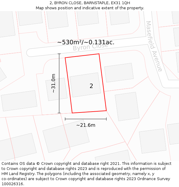 2, BYRON CLOSE, BARNSTAPLE, EX31 1QH: Plot and title map