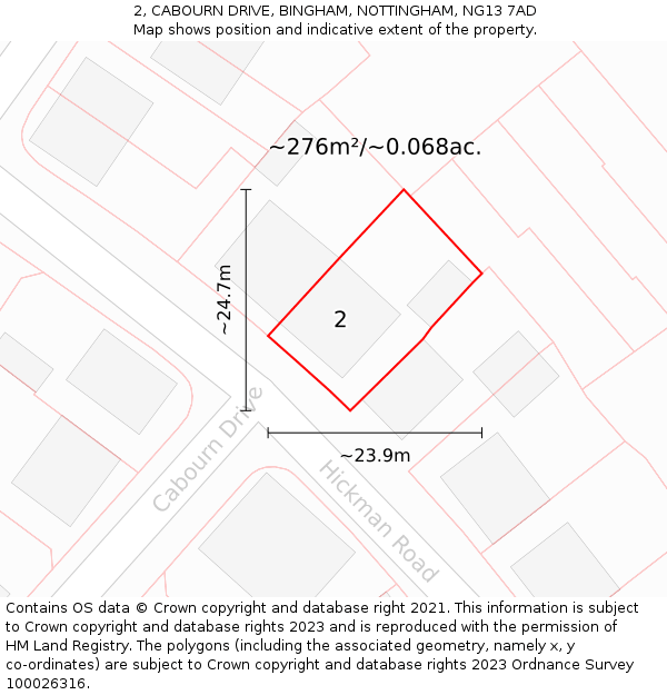 2, CABOURN DRIVE, BINGHAM, NOTTINGHAM, NG13 7AD: Plot and title map