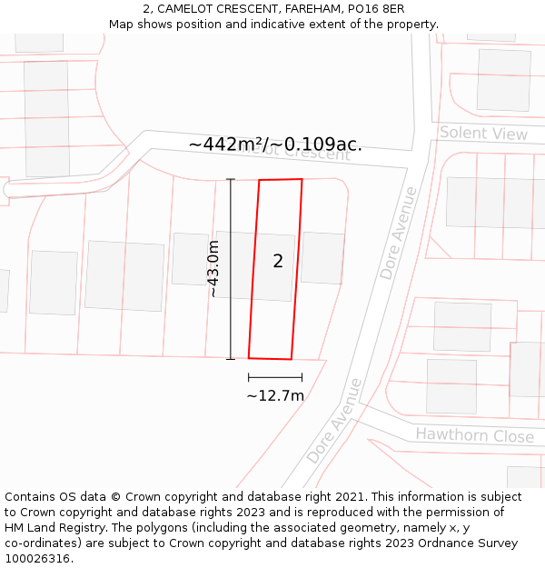 2, CAMELOT CRESCENT, FAREHAM, PO16 8ER: Plot and title map