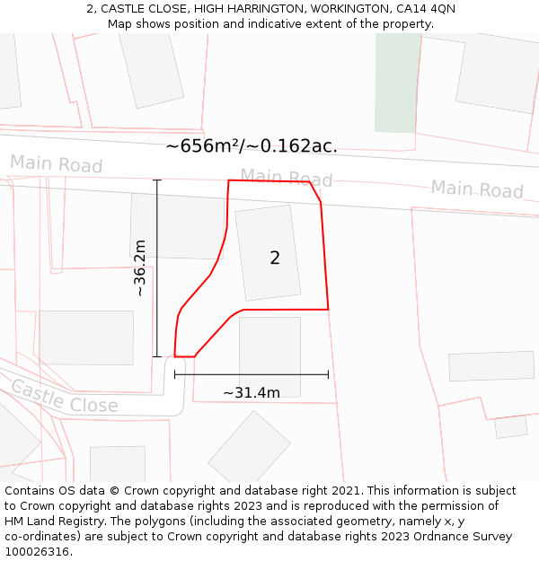 2, CASTLE CLOSE, HIGH HARRINGTON, WORKINGTON, CA14 4QN: Plot and title map