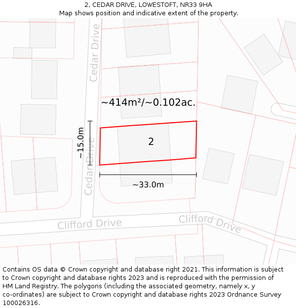 2, CEDAR DRIVE, LOWESTOFT, NR33 9HA: Plot and title map