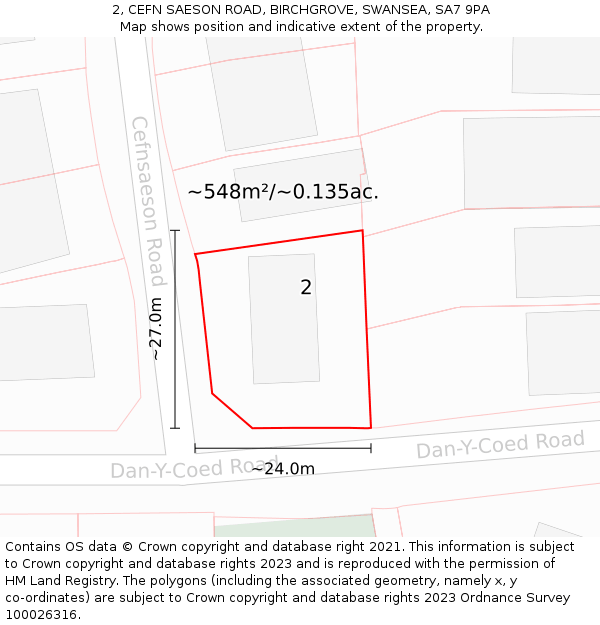 2, CEFN SAESON ROAD, BIRCHGROVE, SWANSEA, SA7 9PA: Plot and title map