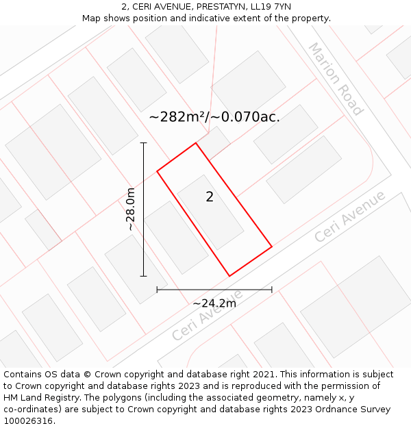 2, CERI AVENUE, PRESTATYN, LL19 7YN: Plot and title map