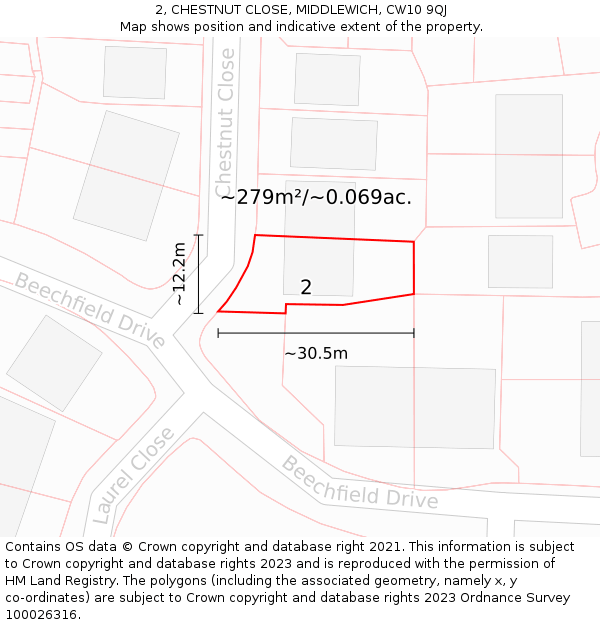 2, CHESTNUT CLOSE, MIDDLEWICH, CW10 9QJ: Plot and title map