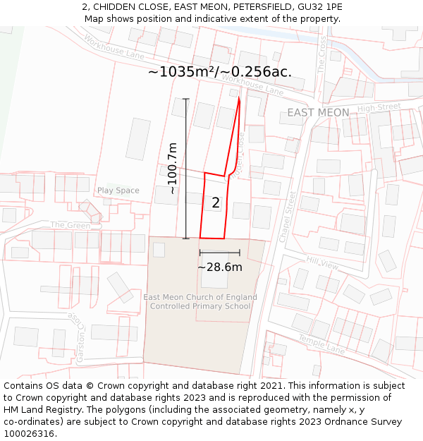 2, CHIDDEN CLOSE, EAST MEON, PETERSFIELD, GU32 1PE: Plot and title map